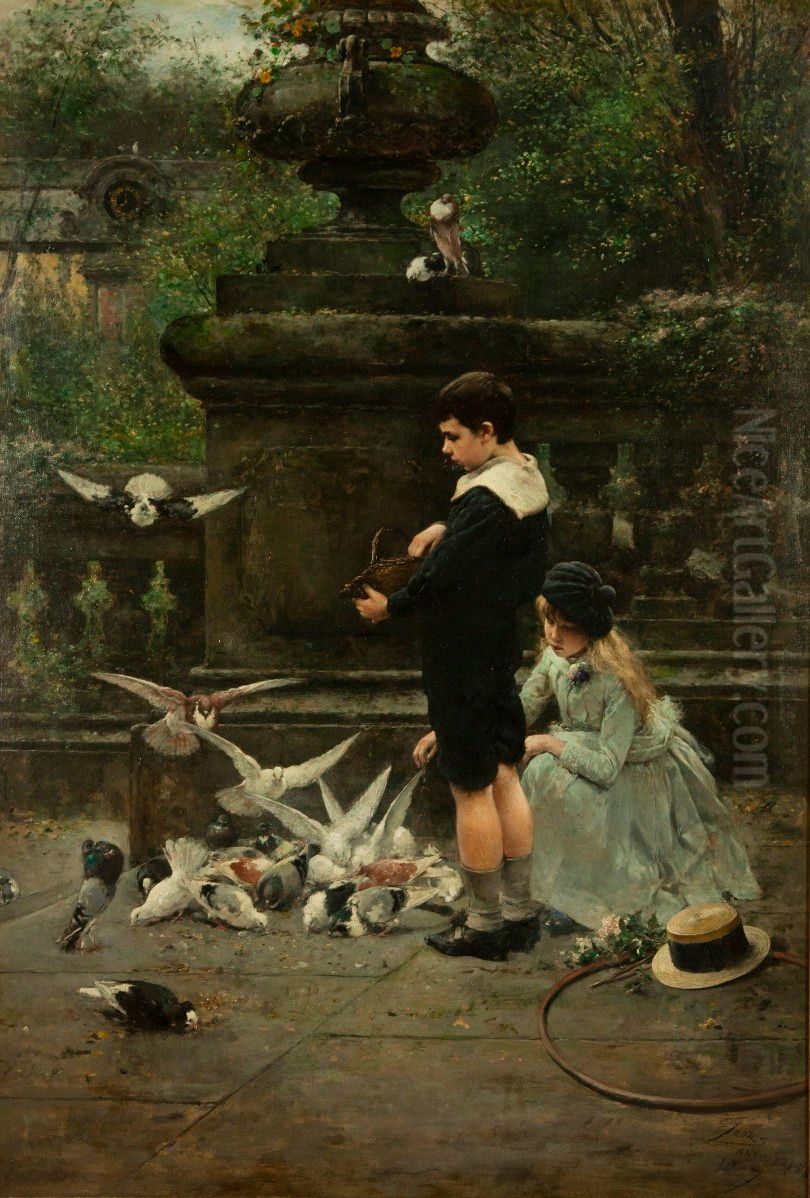 Children Feeding Pigeons in the Park Oil Painting by Eugene Joors