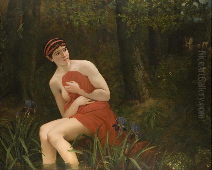 Bathing woman spied on by a deer Oil Painting by Charles Verlat