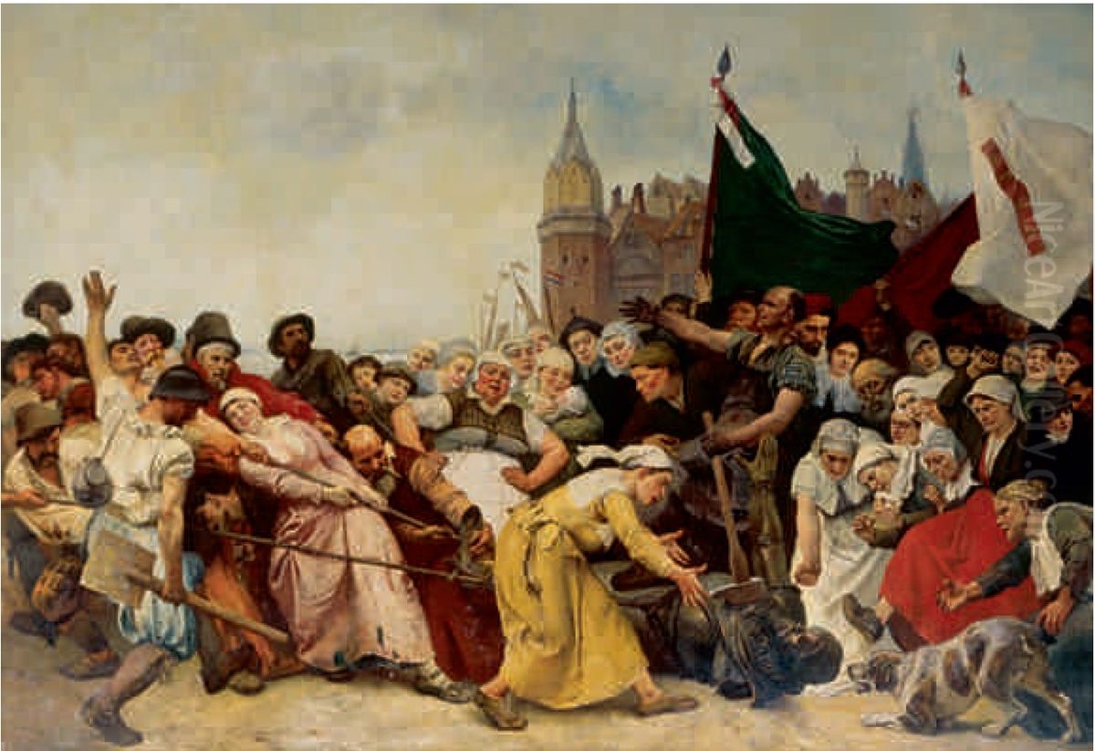 The Duke of Alva's statue dragged through the streets of Antwerp Oil Painting by Charles Verlat