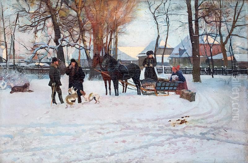 Wyjazd (Wyjazd na polowanie, Kompozycja z saniami) Oil Painting by Wladyslaw Podkowinski