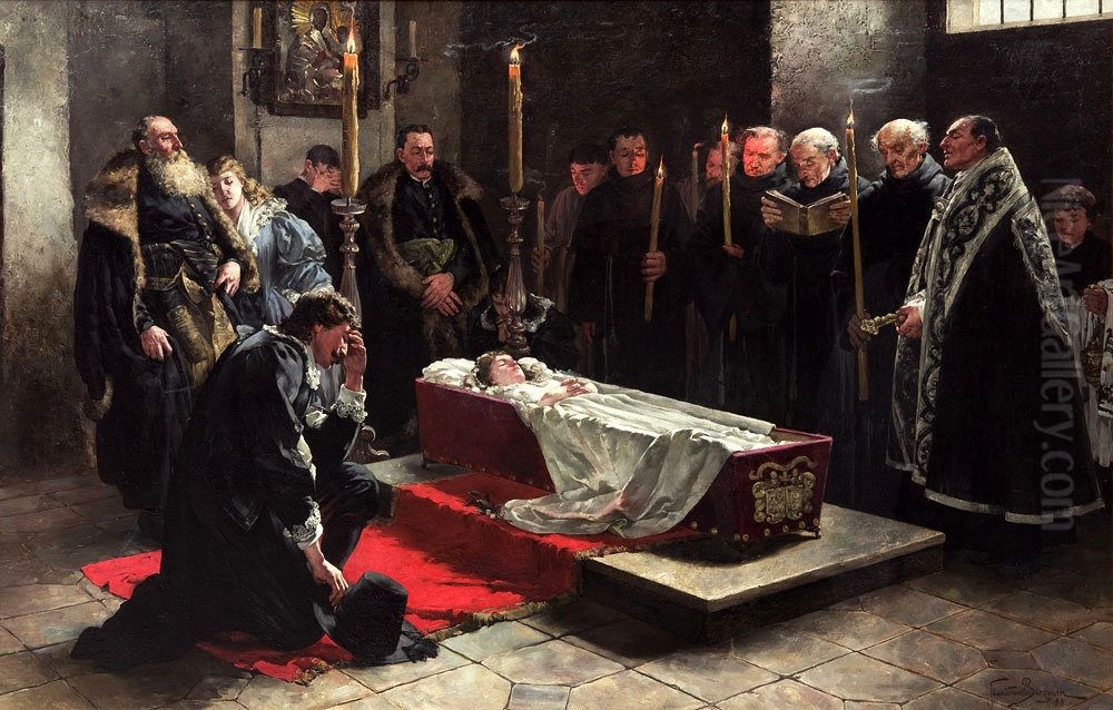 Stanislaw Oswiecim at the body of Anna Oswiecimowna. Oil Painting by Stanislaw Bergman