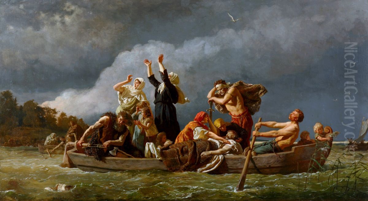 Without land. Pomeranians driven by the Germans to the Baltic Islands (Expulsion of Pomeranians in the 11th century). Oil Painting by Wojciech Gerson