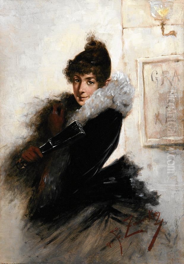 Kobieta z wachlarzem (Dama z wachlarzem) Oil Painting by Franciszek Zmurko