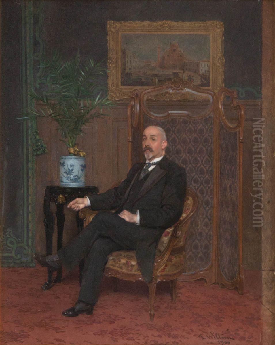 Portrait of a gentleman in bourgeois interior with Delft vase with flowers, painting and Louis XV folding screen Oil Painting by Florent Willems