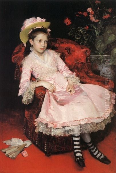 Portrait of a young girl in pink dress. Oil Painting by Raimundo de Madrazo y Garreta
