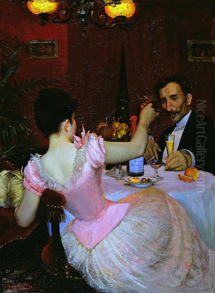 Przy kawiarnianym stoliku Oil Painting by Zygmunt Andrychiewicz