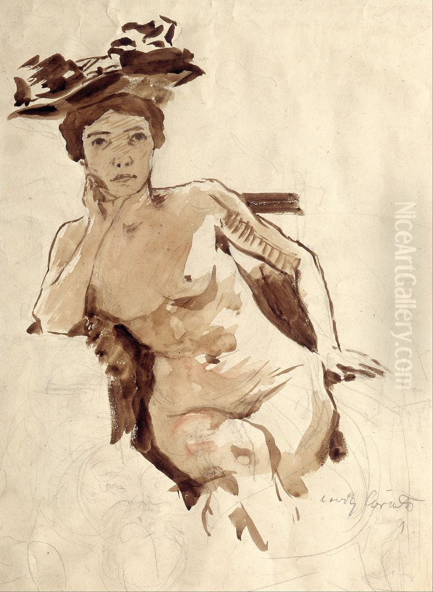 Female Semi-Nude with Hat Oil Painting by Lovis (Franz Heinrich Louis) Corinth