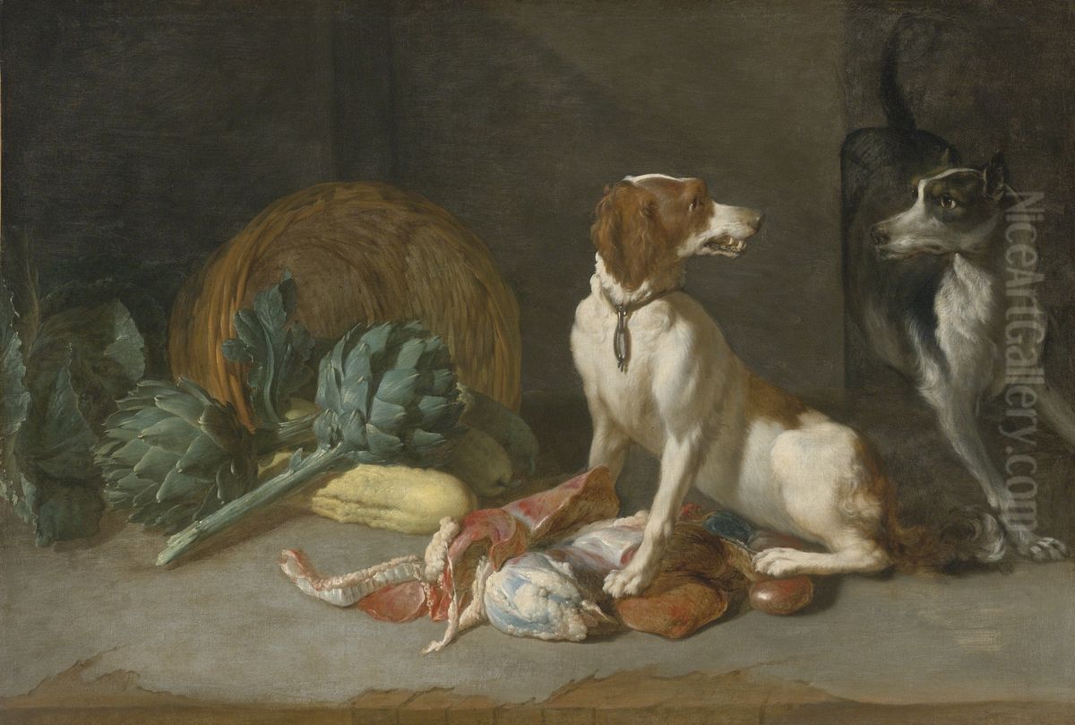 Two Hounds with a Still Life of Entrails, Artichokes, Lettuce, Squash and a Woven Basket Oil Painting by Peter van Boucle