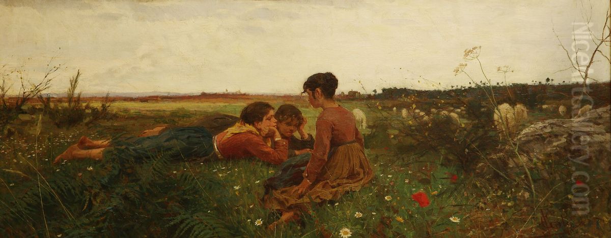 Spring, three girls and sheep on a flowery meadow Oil Painting by Francesco Gioli