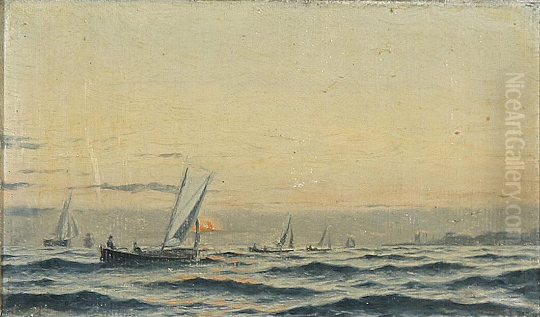 Seascape with sailing boats at sunset. Oil Painting by Carl Baagoe