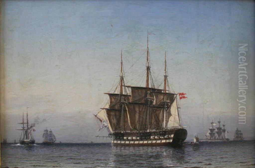 Dansk linjeskib og andre skibe til havs. Oil Painting by Carl Baagoe