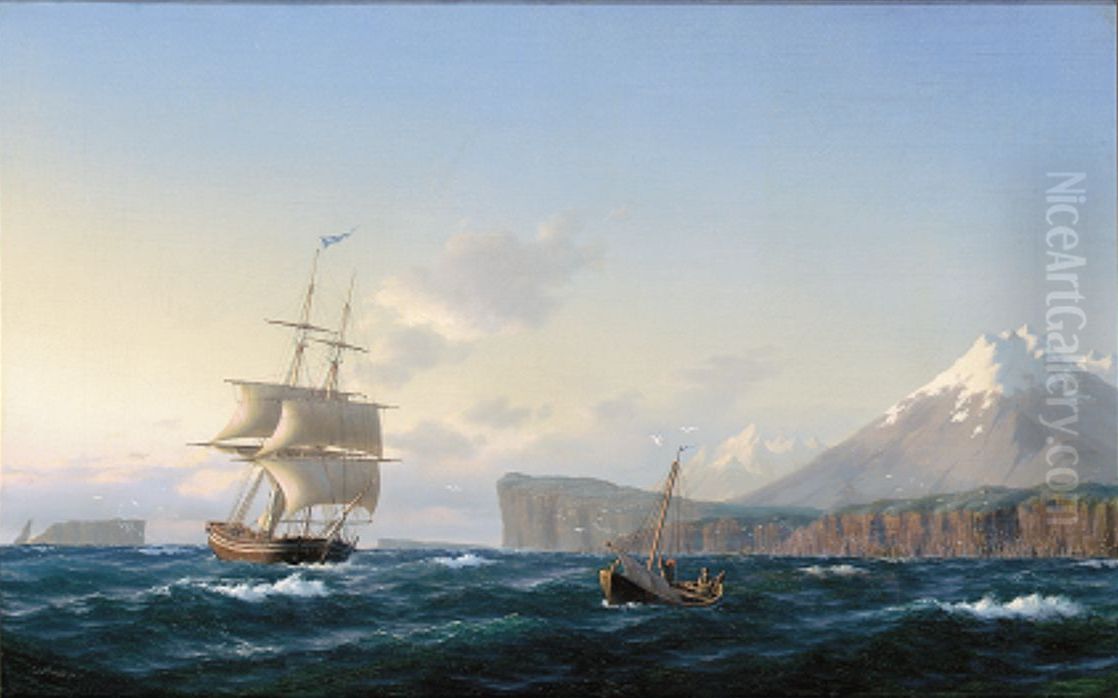 Ships off a rocky coast. Oil Painting by Carl Baagoe