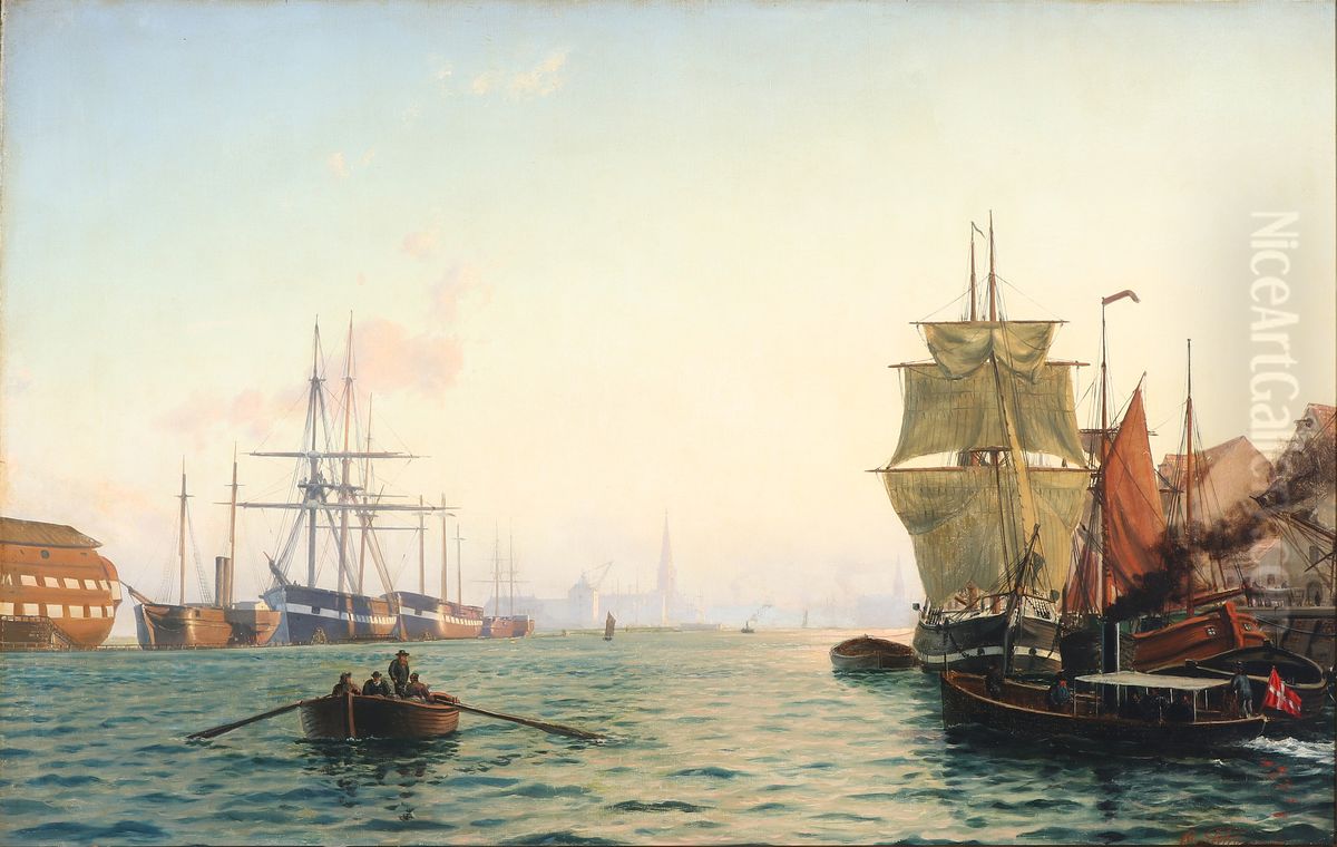 Scenery from the harbor of Copenhagen in the early evening light. Oil Painting by Carl Baagoe
