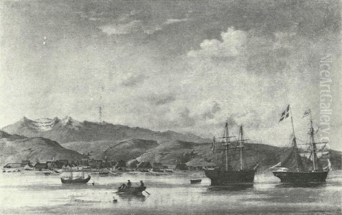 Ships at anchor at Akureyri, Iceland. Oil Painting by Carl Baagoe