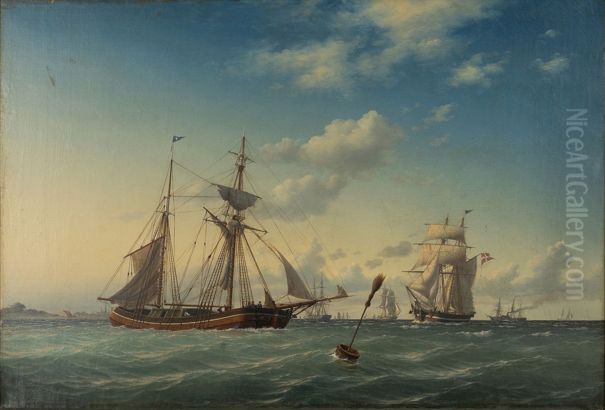 Ships at sea on a windy day. Oil Painting by Carl Baagoe