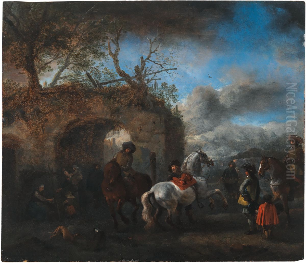 De rijschool Oil Painting by Philips Wouwerman