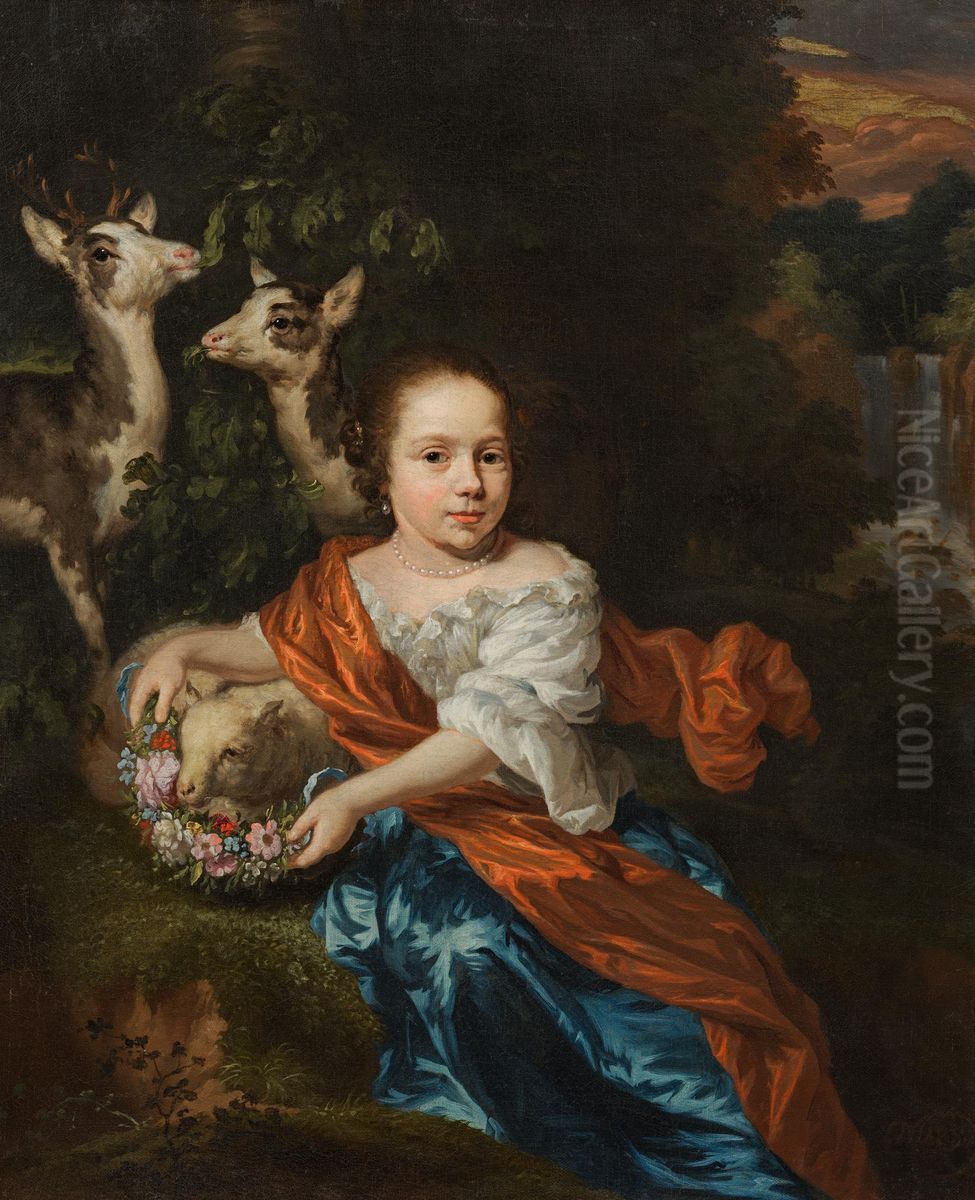 Girl with lamb and deer Oil Painting by Nicolaes Maes
