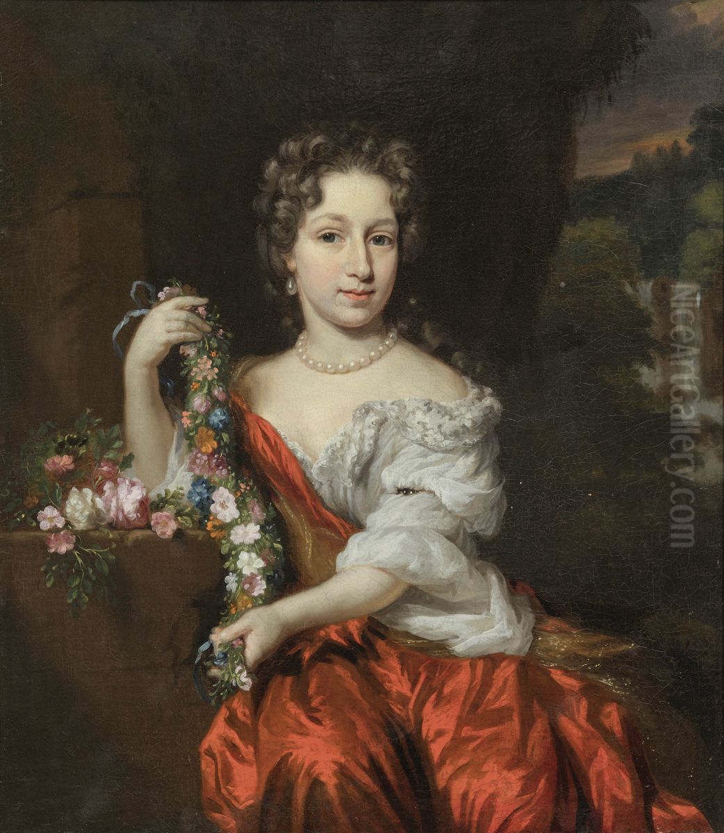 Portrait of a young woman with a garland of flowers Oil Painting by Nicolaes Maes