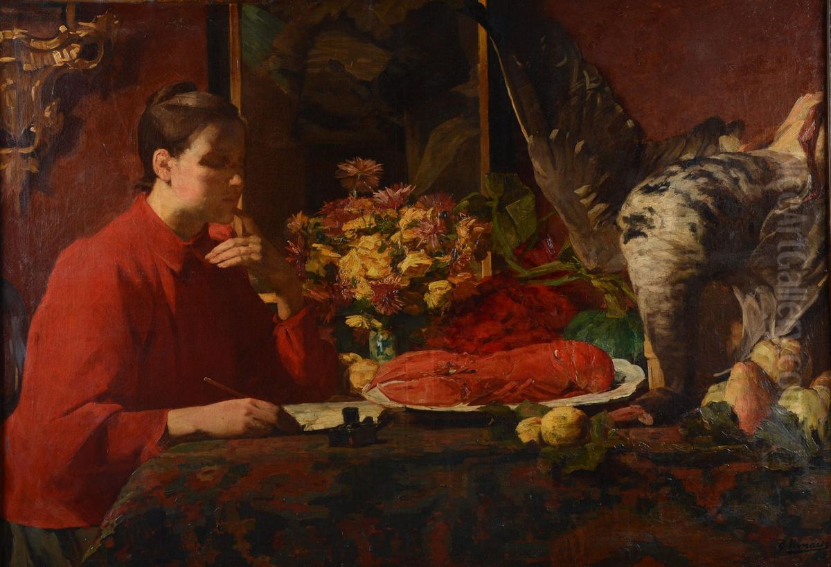 Lady with a lobster Oil Painting by Gustaaf Vanaise