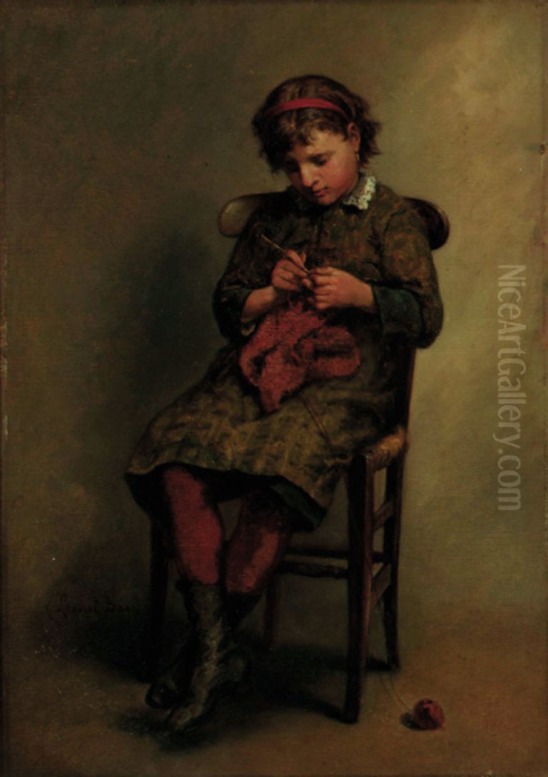 Young girl knitting Oil Painting by Lionel Baes