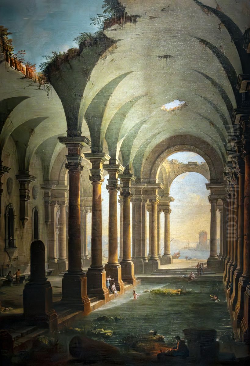 Perspective of ancient thermal baths Oil Painting by Antonio Joli