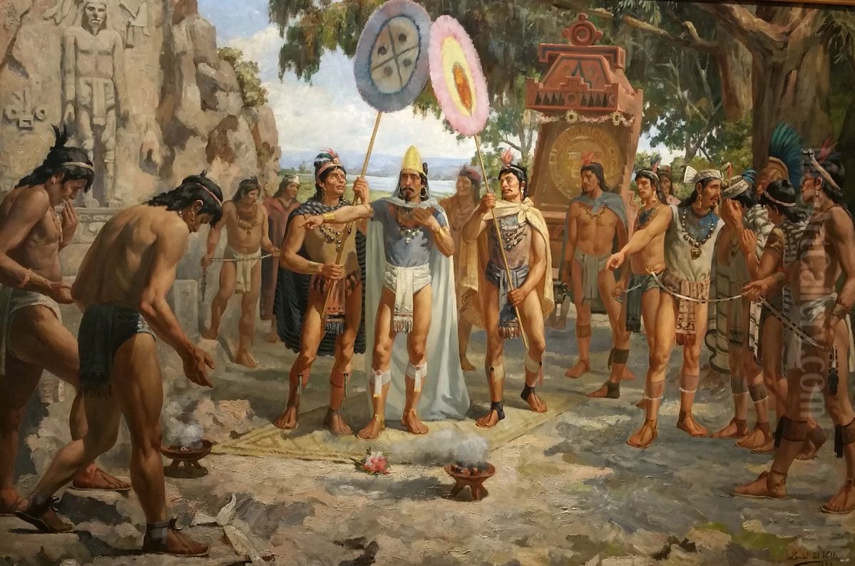 Moctezuma II visitando las tumbas de sus antepasados Oil Painting by Daniel del Valle