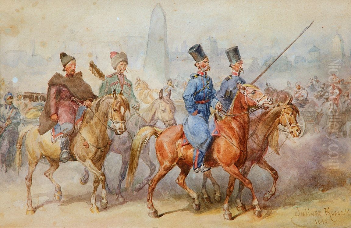 Czterech Kozakow w pochodzie (Jezdzcy). Oil Painting by Juliusz Kossak