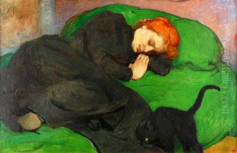 Sleeping woman with a cat Oil Painting by Wladyslaw Slewinski