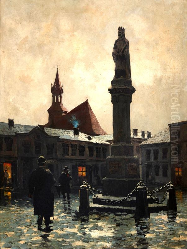 Rynek w Bochni w nocy Oil Painting by Ludwik Stasiak