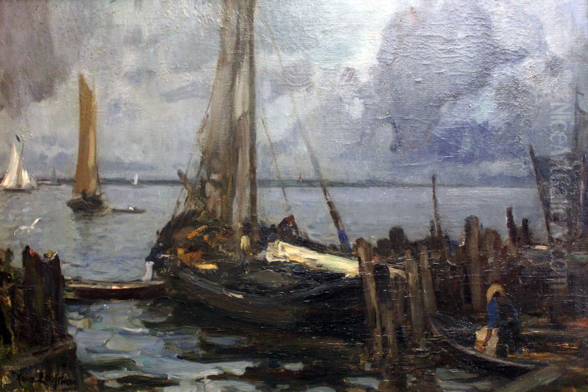 Fiord landscape with sailing boats Oil Painting by Hans Looschen