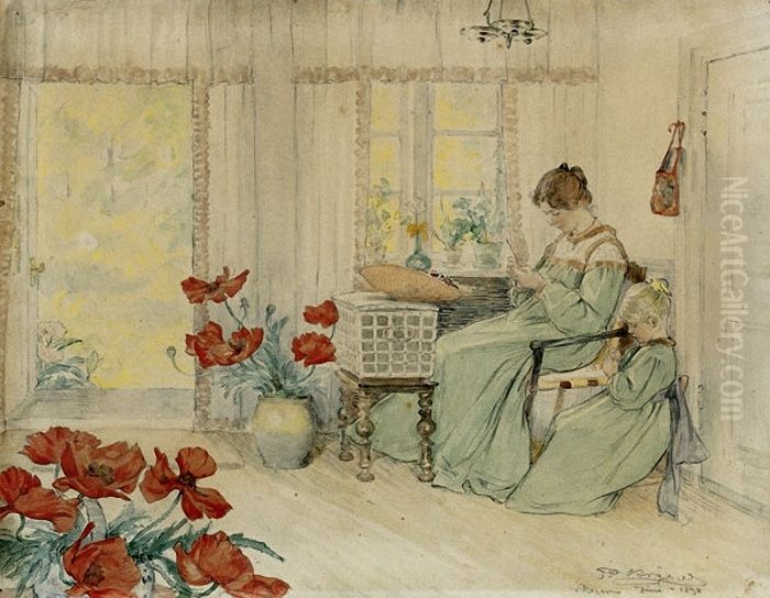 Marie og Vibeke haeklende i hjemmet ved Skage plantage Oil Painting by Peder Severin Kroyer