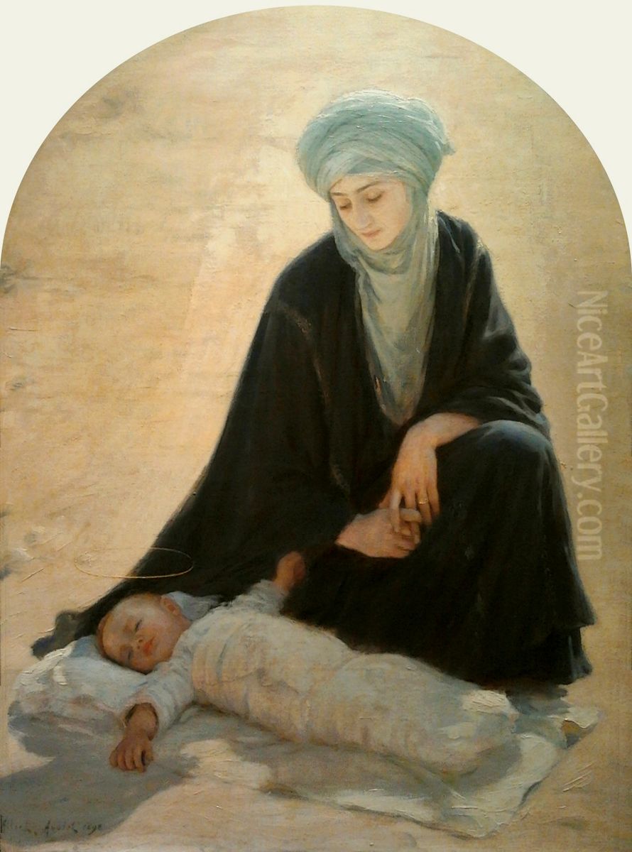 Arabic Madonna and Child (The Child sleeping in the desert). Oil Painting by Albert Aublet