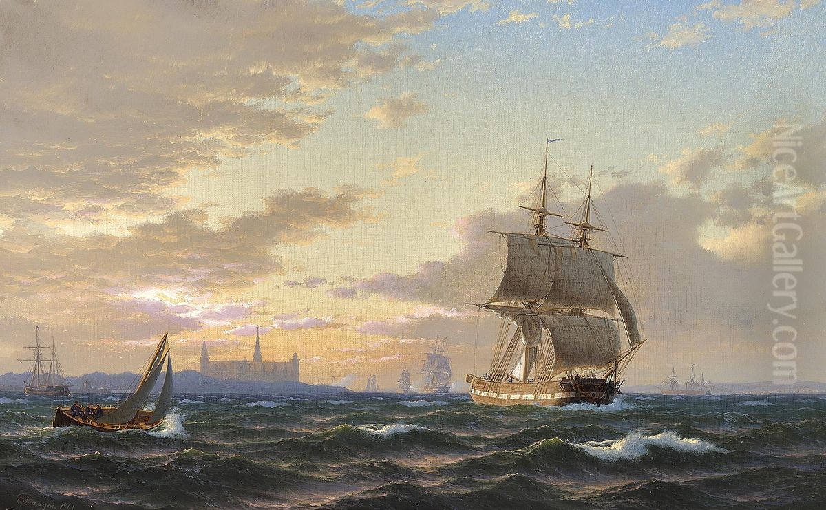 Sailing ships in the Sound off Kronborg. Oil Painting by Carl Baagoe