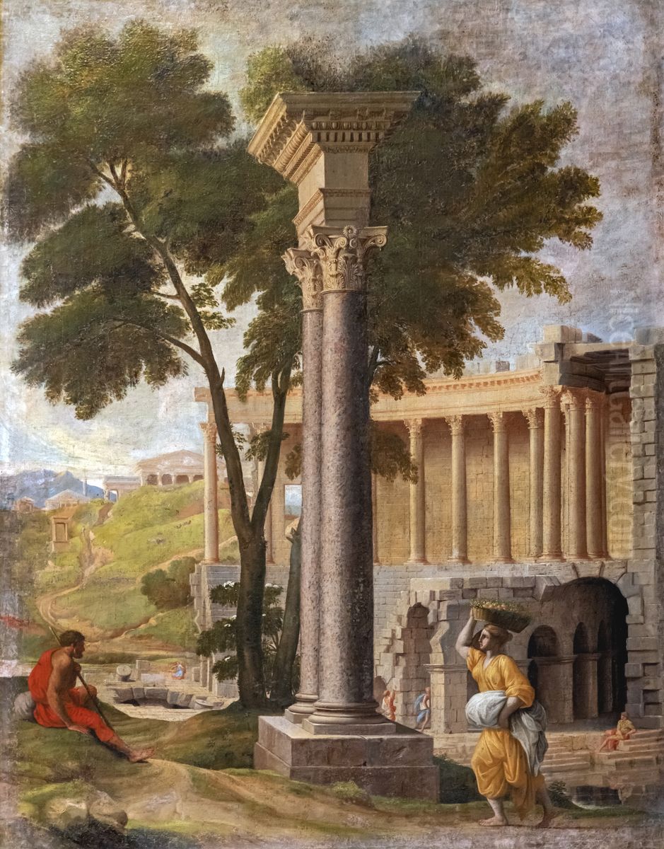 Landscape with ancient ruinsFrancais:Paysage avec des ruines antiquesItaliano:Paesaggio con antiche rovine Oil Painting by Jean Lemaire