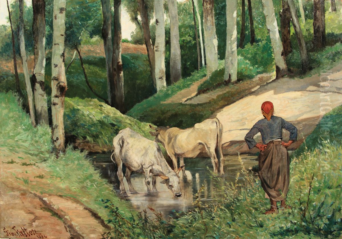 Cattle watering up Oil Painting by Giovanni Fattori