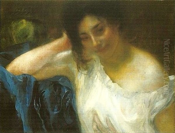 A woman with a blue drapery. Oil Painting by Paul-Albert Besnard