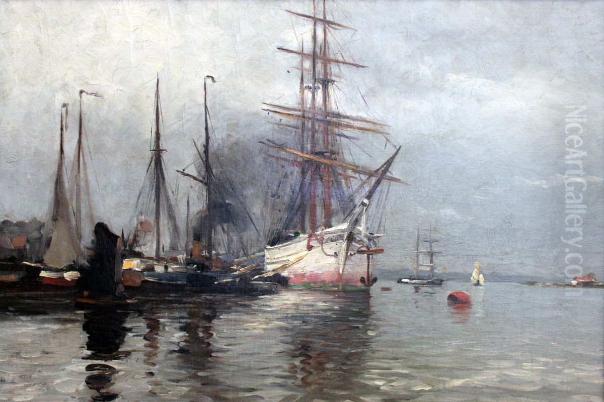 Sailboat in Flensburg Harbour Oil Painting by Heinrich Petersen-Angeln
