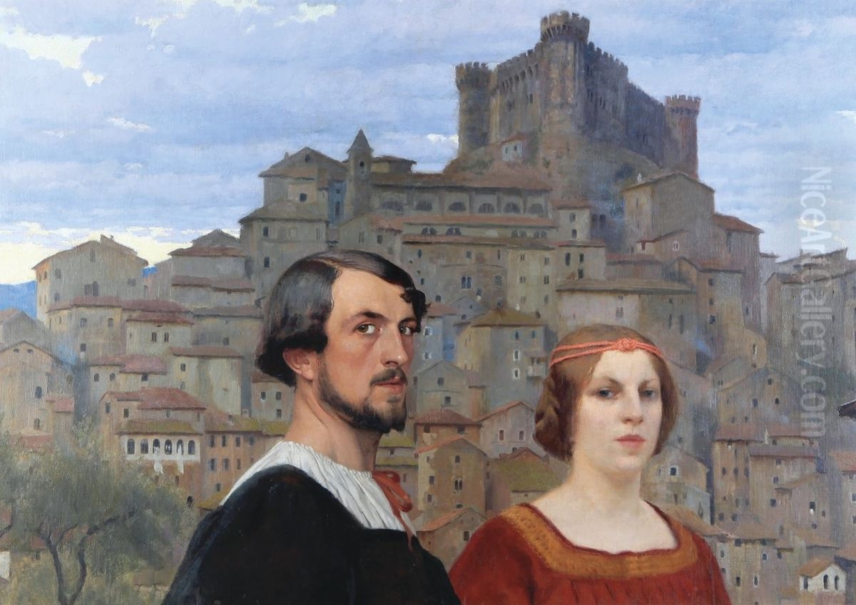 Autoportret z zona na tle Anticoli Corrado. Oil Painting by Edward Okun