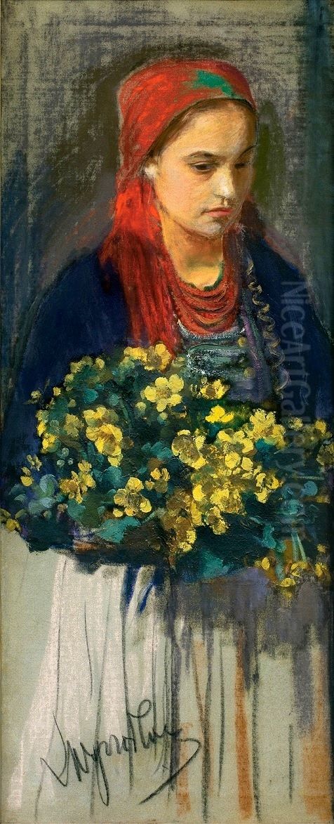 Dziewczyna z kaczencami Oil Painting by Leon Wyczolkowski