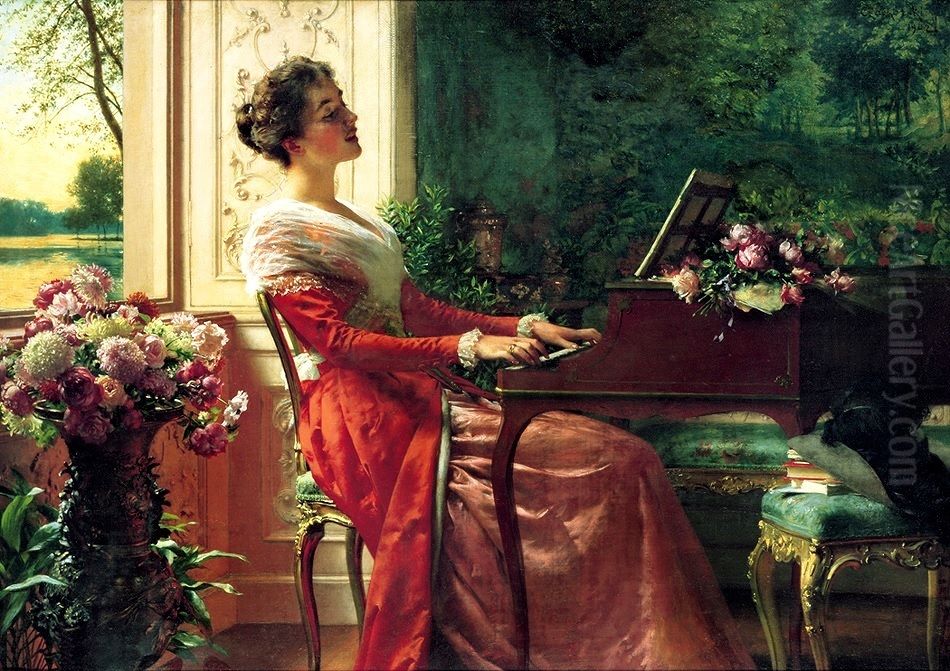 Przy klawikordzie - piesn milosna Oil Painting by Wladyslaw Czachorski