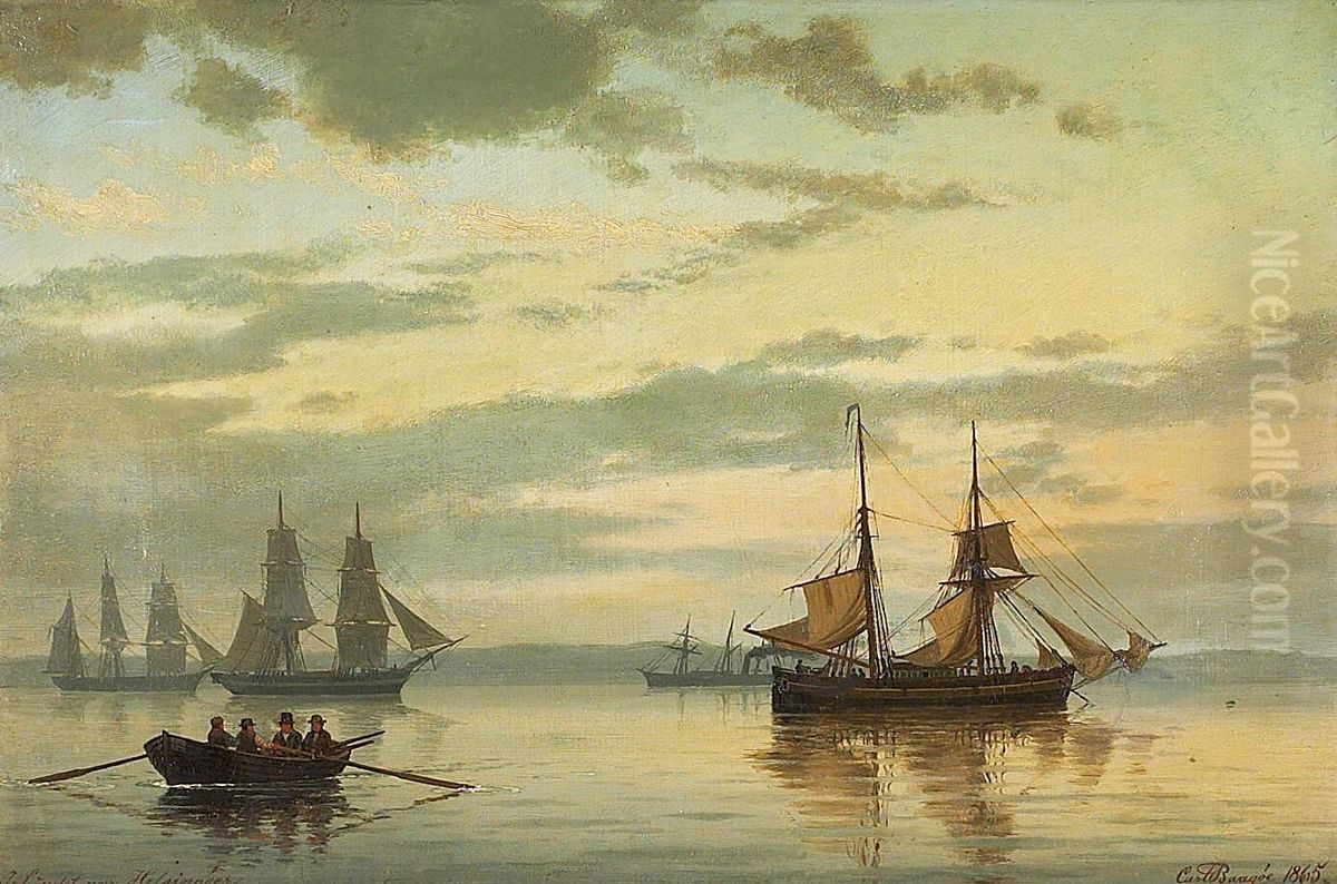 Twilight over seascape with sailships. Oil Painting by Carl Baagoe