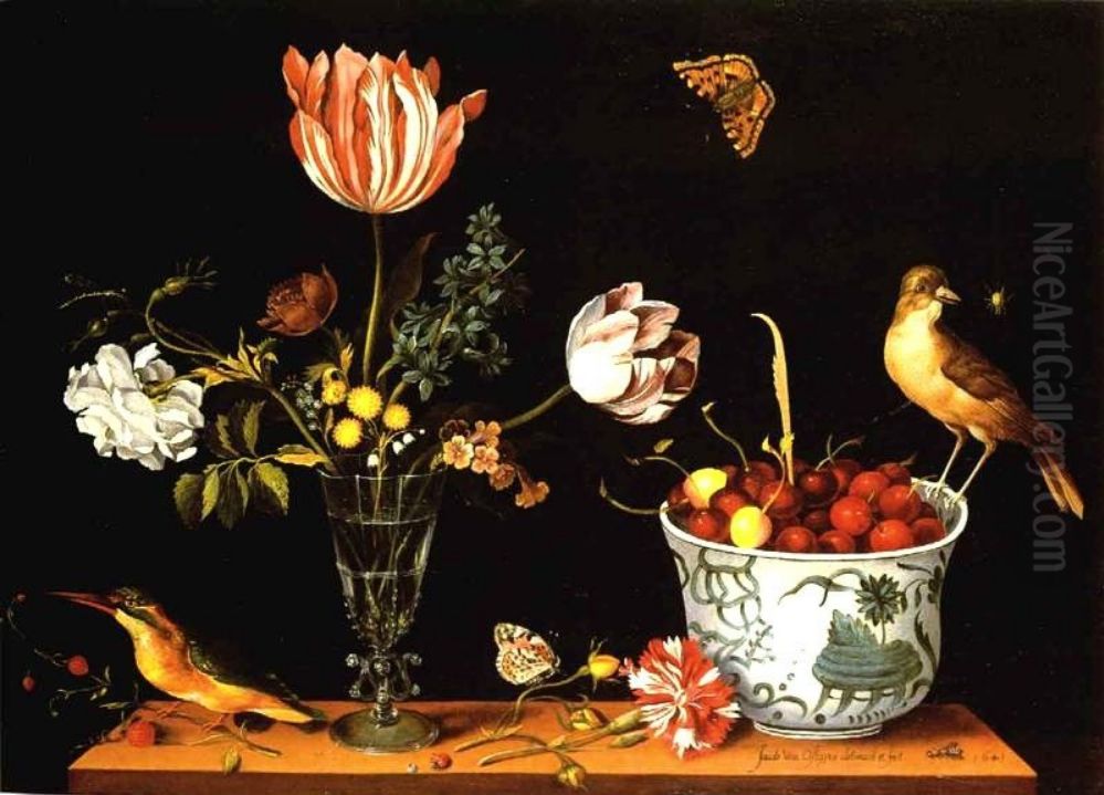Flowers and fruit with birds Oil Painting by Jacob van Ostayen