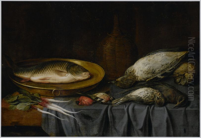 Dead birds, a fish on a copper platter, a bottle of wine and root vegetables on a draped table Oil Painting by Peeter van den Bemden