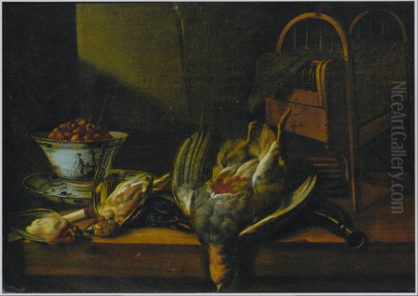Still life of game including a partridge and finches with a 'Wan-li Kraak porselein' bowl of wild strawberries Oil Painting by Peeter van den Bemden
