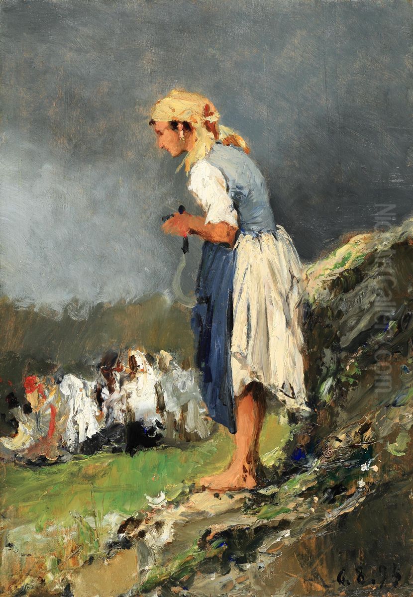 Young peasant girl with sickle Oil Painting by Lorenzo Delleani