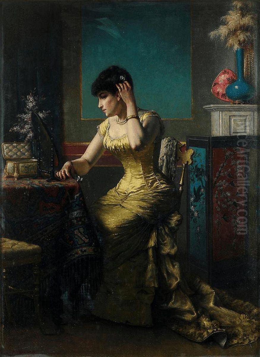 Woman with mirror in yellow dress Oil Painting by Agapit Stevens