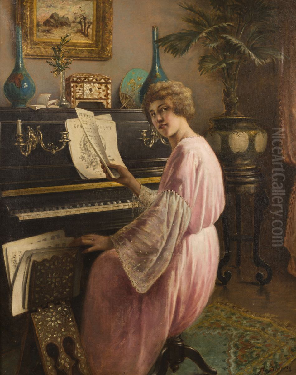 Young woman at the piano Oil Painting by Agapit Stevens