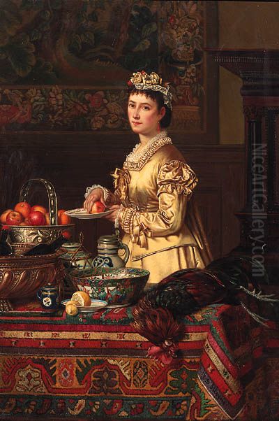 An interior with a lady standing by a table, holding an apple Oil Painting by Jean Daniel Stevens