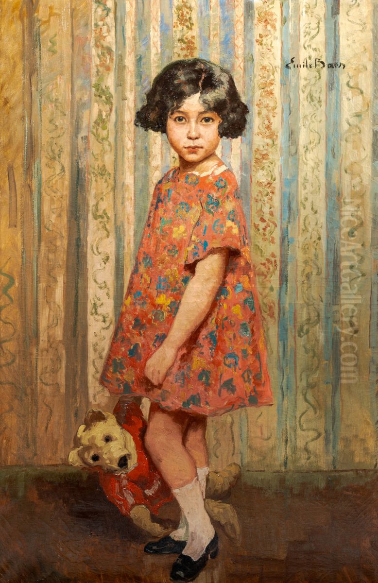 Girl with teddy bear in an interior Oil Painting by Emile Baes