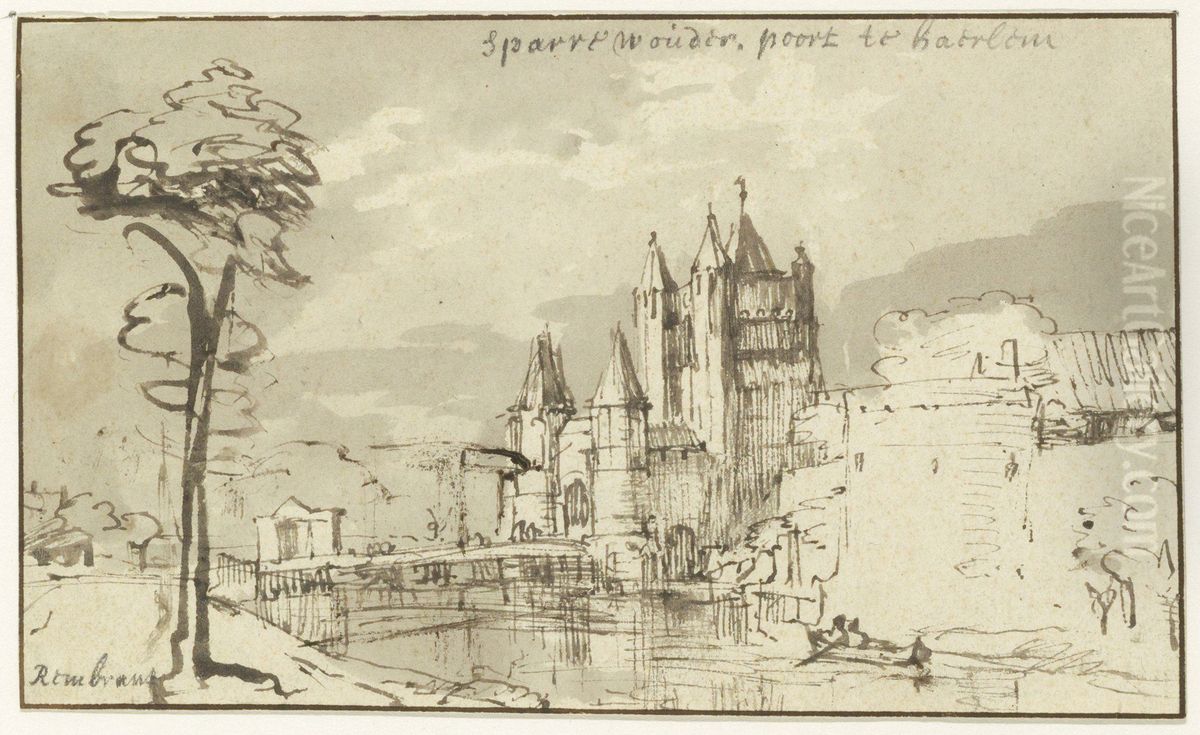 View of the Amsterdam Gate (Amsterdamse Poort) in Haarlem Oil Painting by Rembrandt